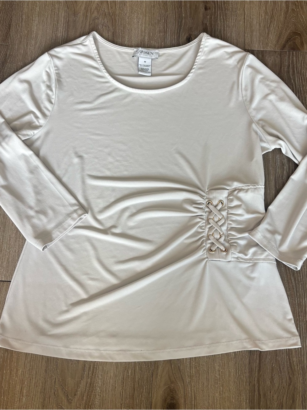 Carmen Marc Valvo Ivory Scoop-Neck Long Sleeve Top with Side Lace Detail